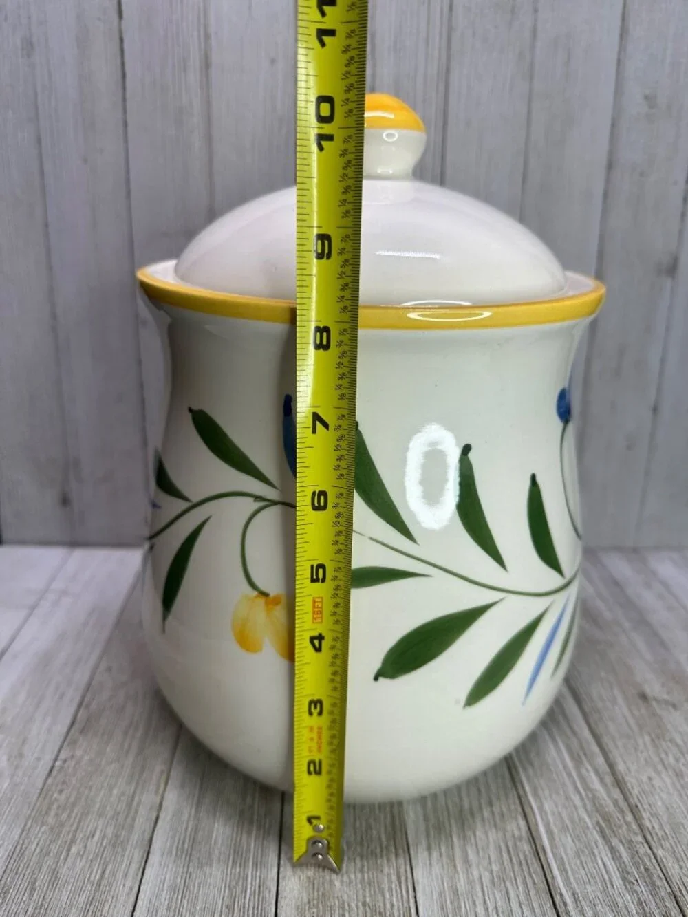 Vtg Floral Painted Cookie Jar Ivy Ceramic Container w/ Lid 10.5
